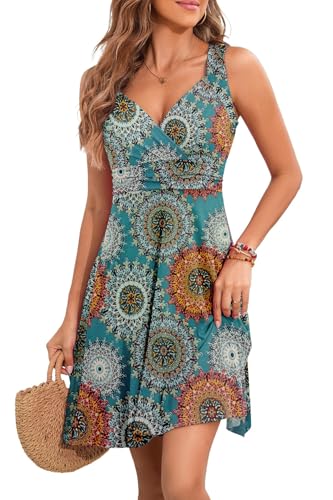 YUTILA Sommerkleid Damen V-Ausschnitt Ärmelloses Kleider Midi Blumenmuster Leicht kleid Strandkleid