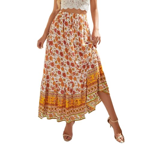 EMOTTOS Damen Maxirock Langer Rock, Boho Plisseerock Maxi Skirt Hohe Taille Geblümter Faltenrock Elastische Taille, Hippie Rock Lang Rüschensaum Renaissance Rock A-Linie Sommerrock Elegant, Gelb M