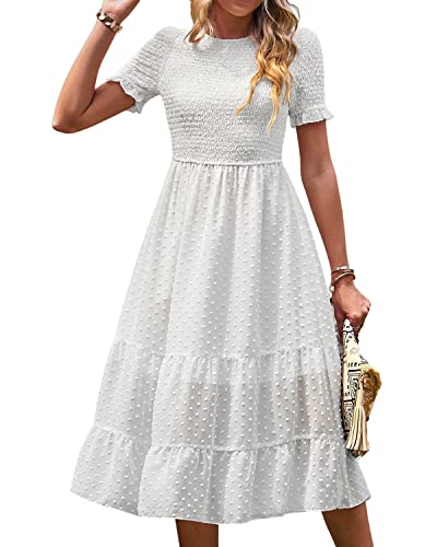 BebreezChic Damen Sommerkleid Maxikleider Kurzarm Rundhals Swiss Dot Rüschen Falten Einfarbig Casual Elegant Cocktailkleid, Weiß S