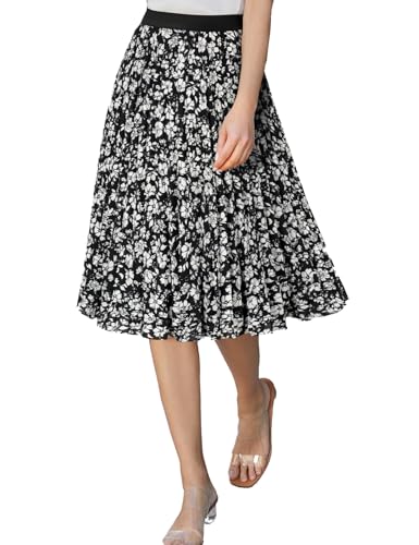 Damen Dehnbar Faltenrock Elastische Hohe Taille A Linie Röcke Blumen Retro Boho Elegant L cl2473-43/Schwarz Blumen