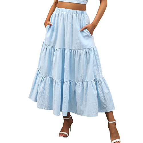 Damen Sommer Boho Maxi Midi Rock Elastisch Hohe Taille Plissee A-Linie Flowy Swing Langer Maxi Rock mit Taschen