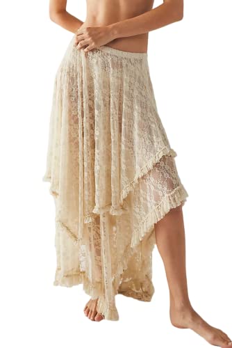 R.Vivimos Damen Sommer Boho Spitze Strand Cover Up Maxi Rock Transparent Swing Rüsche Unregelmäßiger Saum Lange Röcke(Medium,Beige)