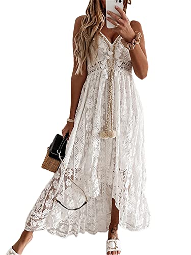 Acrawnni Damen V-Ausschnitt Ärmellos Strick Spitze Ausschnitt Sling Maxikleid Rüschen Offener Rücken Unregelmäßiger Saum Partykleid Boho Strandkleid (A-White, M)