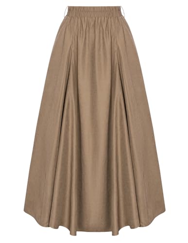 Damen Mittelalter Röcke Elastische Taille A-Linie Boho Vintage Festlich Trachtenrock Khaki Lang Rock mit Gürtel S