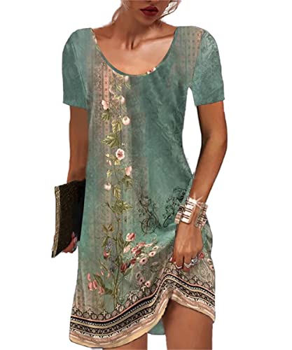 GRMLRPT Damen Kurzarm Rundhals Kleid Bohemian Blumen Sommerkleider MiniKleid Blumendruck Lose Tunika Freizeitkleid(Grün,S)