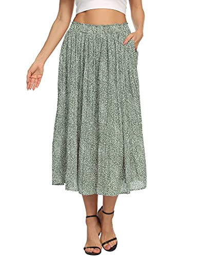 Parabler Damen Röcke Chiffon Grün Boho Retro Maxirock Polka Dot Faltenrock Casual Sommerrock Lang Strandrock Schwarz mit Tasche