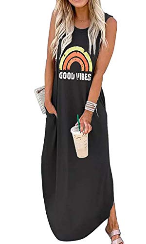 Ykomow Sommerkleid Good Vibes Maxikleid Damen Ärmellos Grafik Strand T Shirt Kleider Boho Kleid Damen Lang (M, Schwarz)