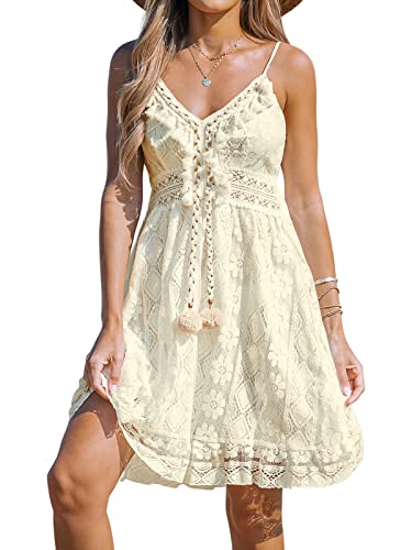 CUPSHE Damen Sommerkleid V Ausschnitt Floral Spitze Quasten Spaghetti Trägerkleid Freizeitkleider Boho Sommer Beach Mini Dress Beige XS