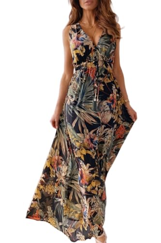 Yutdeng Kleid Damen Sommer Lang Trägerkleid Sommerkleid Lang V Ausschnitt Blumenmuster Rückenfrei Ärmellos Maxi Kleider Boho Strandkleid Blumenkleid Langes Kleid Sommer Elegant,Schwarz,M