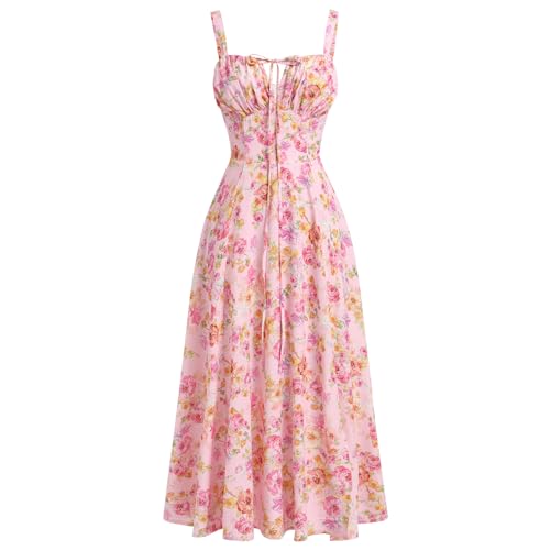 IBTOM CASTLE Damen Blumen Korsett Kleid Quadratischer Ausschnitt Spaghettiträger Sommer Boho Sonnenkleid Lässig Flowy Schlitz Bustier Kleider Rosa-Blumen XL