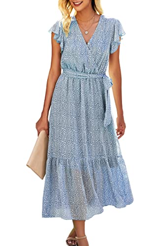 ASOMI Kleid Damen Sommer Boho: Blumen Wickelkleid Herbst Frühling Lang Maxikleid V-Ausschnitt Kurzarm Strandkleid Langarm Rüschen Freizeitkleid mit Gürtel 121 Hellblau 40