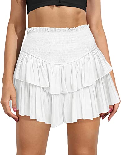 Damen Rüschen Mini Rock Niedlicher Hohe Taille Novelty Mehrlagige Kurzer Rock Shorts Sommer Casual Elastische Taille Faltenrock M