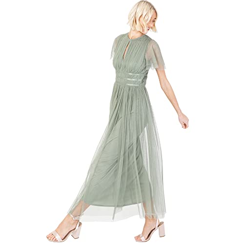 Anaya with Love Damen Ladies Midaxi Dress for Women High Waist Keyhole Short Flutter Sleeve Crew Neckline Wedding Guest Bridesmaids Prom Kleid, Frosty Green, 36 EU