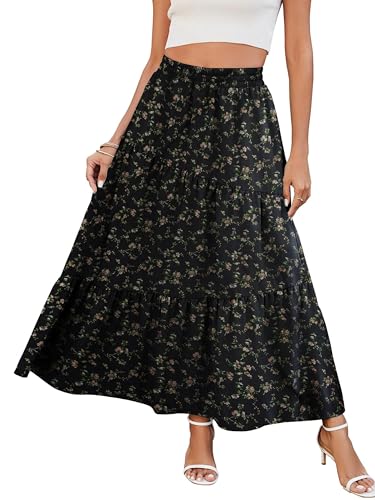 Timuspo Röcke Maxirock Plisseerock mit Taschen Sommer Boho Mittelalter Rock für Damen Midi Lang A-Line Skirt Blume Schwarz L