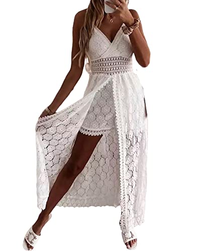 SANSIWU Damen V-Ausschnitt Ärmellos Strick Spitze Cutout Sling Maxikleid Rüschen Offener Rücken Unregelmäßiger Saum Vintage Partykleid Boho Solid Strandkleid, B-beige, L