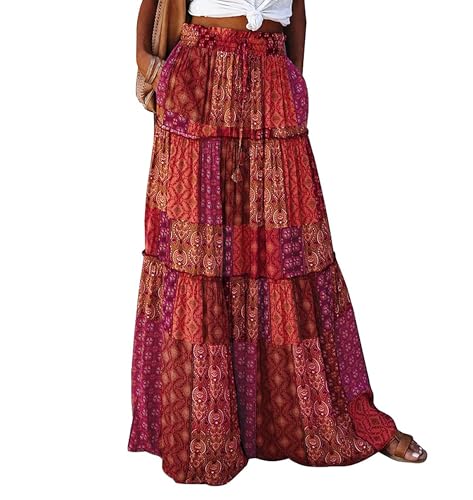 Timuspo Sommerrock Damen Lang Midirock Maxi Hohe Taille Hippie Roter Rock Casual Röcke Sommer Skirt Midi Atmungsaktiv Strandrock Faltenrock Boho-Rot M