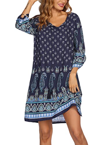 Zeagoo Sommerkleider Damen 3/4-Arm Blumen Strandkleid Leichte Lässige Boho Tunika Kleid Navy Blau L