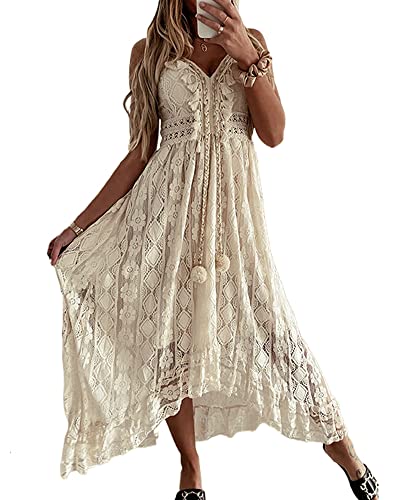 Damen V-Ausschnitt Ärmellos Strick Spitze Cutout Sling Maxikleid Rüschen Offener Rücken Unregelmäßiger Saum Vintage Partykleid Boho Solid Strandkleid, beige, Small