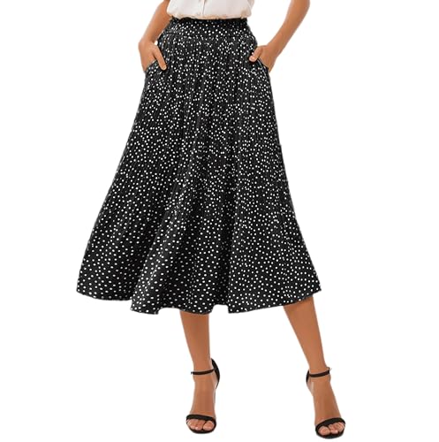 Timuspo Lange Röcke Damen Midirock Chiffon Boho Rock mit Taschen Sommer A Linie Schwarz Lang Skirt L