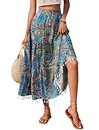 KOJOOIN Damen Rock lang Maxirock Boho Elastische Taille Blumen Sommerrock Rüschen A-Linien Strandrock elegant Faltenrock mit Quaste (Verpackung MEHRWEG), A-Blau, L