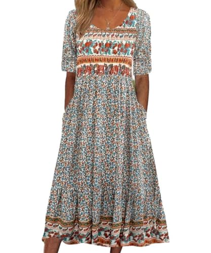 ABINGOO Damen Kurzarm Sommerkleid Rundhals Midikleid Lang Boho Freizeitkleid Lose Knielang Kleider Strandkleider Blumenkleid mit Taschen(C-Blumen,XXL)