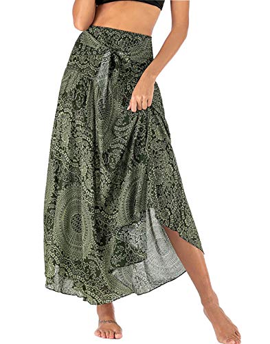 Damen Maxirock Böhmischen Einheitsgröße Lange Rock Floral Elastische Taille Verstellbare Kleid Sommerrock Boho Blumenmuster Strandrock Großer Saum Tanzrock Bauchtanz Bohemien Strandkleider-Grün-D