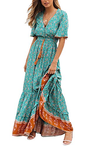 R.Vivimos Damen Sommer Boho V-Ausschnitt Button Up Kurzarm böhmischen Print Rüsche Rand Strand Stil Lange Maxi Kleid Berufungskleid (Grün, M)