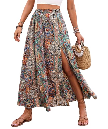 ABINGOO Röcke Damen Sommer Maxirock Bohemien Strandrock Elastische Taille A-Line Boho Lässiger Rock Bedruckt Lang Rock（Mehrfarbig,S