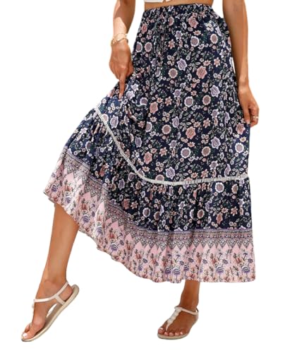 QLEVAK Sommerrock Damen Boho Rock Midi-Länge Elastische Taille Midirock Elegant Rock Hohe Taille Casual Freizeitrock Blumen Röcke Chiffon Skirt,Navy,L