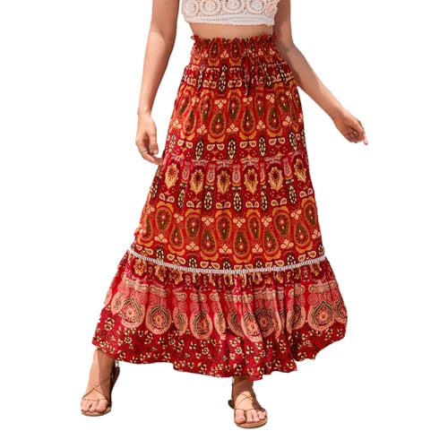 EMOTTOS Damen Maxirock Langer Rock, Boho Plisseerock Maxi Skirt Hohe Taille Geblümter Faltenrock Elastische, Hippie Rock Lang Rüschensaum Renaissance A-Linie Sommerrock Elegant, Rot M