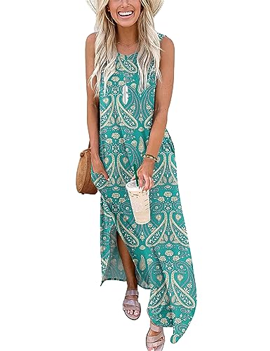 AUSELILY Maxikleider Damen Sommer Ärmellos Strandkleid Lang Sommer-Kleider Tank T-Shirt Kleid mit Taschen