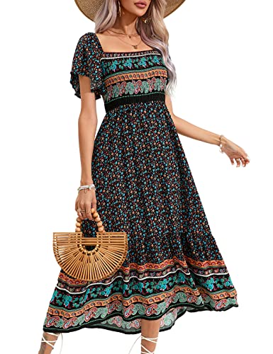 KOJOOIN Damen Sommerkleid Boho Kurzarm Maxikleider Gesmoktes Strandkleid lang Blumenkleid Rüschen Volant Kleid Freizeitkleid (Verpackung MEHRWEG), A-Schwarz, L