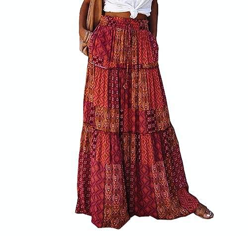 Rock Damen Sommer Lang Boho Blumen Maxirock, Hohe Elastische Taille mit Taschen und Gürtel Maxi Skirt Faltenrock Strandrock Freizeitrock