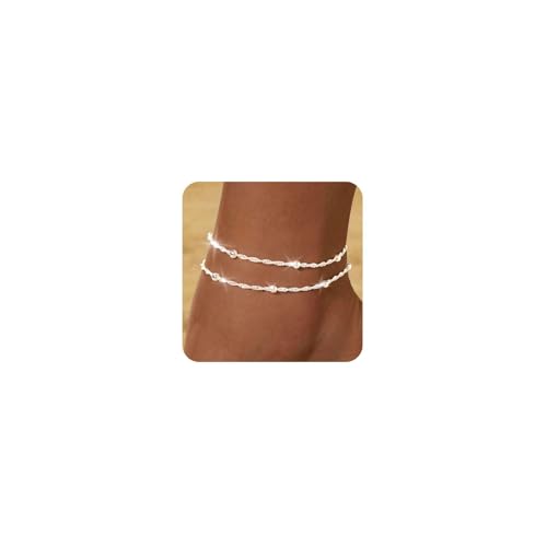 ZHESHY 2 Stück Fussketten Gold Silber für Damen 18k Gold Perlen Mehrreihige Fußkettchen mit Kreuz Herz CZ Plättchen Verstellbare Wasserfest Sommer Strand Schmuck Fußkette Set für Frauen und Mädchen