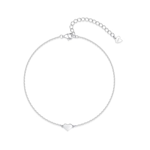 Deyanse Fußkettchen für Damen, Fussketten für Frauen 925 Sterling Silber, Sommer Strand Fußkette Fusskettchen mit Herz, Wasserfest Knöchel Armband Fußspange Fußschmuck Verstellbar 22+5cm - Weißgold