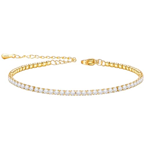 Fußkettchen für Damen,Tennis Fussketten für Frauen,Fußkette Damen,Fussketten für Frauen silber 925,Armband Damen,8.5in+2in,Gold 2MM CZ,Weiß Fusskettchen Silber 925 Damen,Fußkette Damen Silber 925