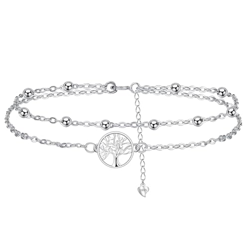 J.MUEN Lebensbaum Fußkettchen Silber 925 für Damen, Sommer Strand Schmuck Geschenk für Damen Mädchen, Verstellbare Fußkette 22+4cm