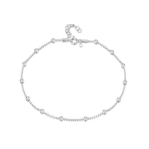 Amberta 925 Sterlingsilber Fußspange – 3,2 mm Kugelkette mit größeren Kugel Fußkettchen Armband – 22 bis 25,5 cm – Flexibel Verstellbar