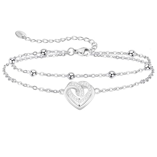 Jbniuay Fußkettchen für Damen 925 Sterling Silber - überlappendes Herz Fußkette - Fussketten für Frauen,Perlenkette S925 - Fußkette damen Verstellbare 23+5cm - Geschenke für Frauen/damen/mama/Tochter