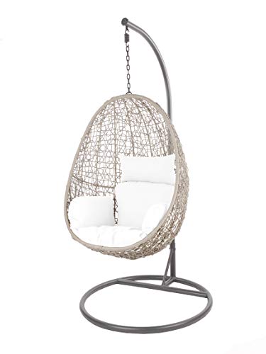 Kideo Swing Chair Indoor & Outdoor, Loungesessel Polyrattan, Hängestuhl, Hängesessel mit Gestell & Kissen (grau/weiß)