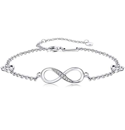 Finrezio 925 Sterling Silber Infinity Unendlichkeit Symbol Damen Fußkettchen Zirkonia Armkette Verstellbar Charm Knöchel Armband