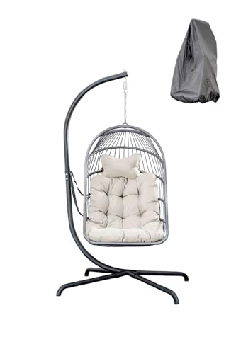 MOJIA Hängesessel mit Gestell Polyrattan mit Kissen & Abdeckhaube, Hängesessel Outdoor&Indoor Faltbarer Hängestuhl Belastbar bis 195 kg (Hellgrau)