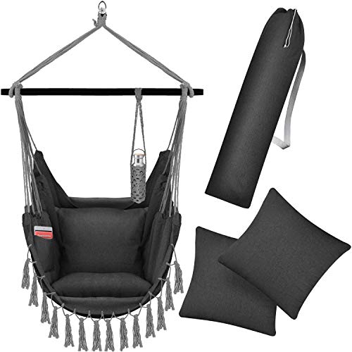 KESSER® Hängesessel mit 2 Kissen Getränkehalter & Bücherfach, Safari XXL Hängestuhl für Erwachsene & Kinder Hängematte bis 150 kg Hängesitz Aufhängung Indoor & Outdoor Wohn, Garten Terrasse Anthrazit