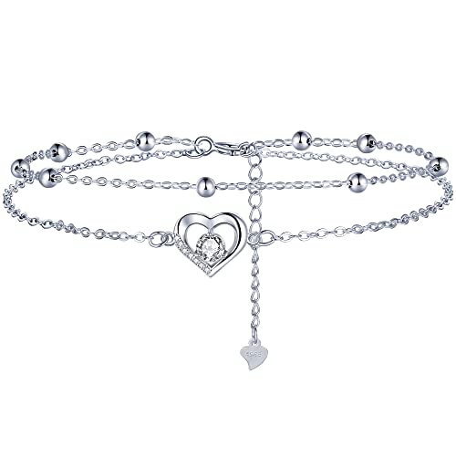 Lydreewam Herz Fußkettchen Silber 925 für Damen Doppel Fußkette mit Kugeln und Zirkonia Sommer Barfuß Strand Fusskette, verstellbare 22+4cm