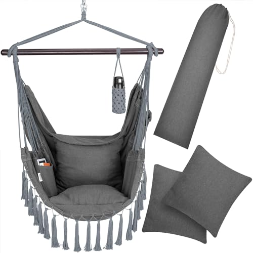 DETEX® Hängesessel Outdoor ohne Gestell Hängestuhl Boho mit 2 Kissen Getränkehalter Innentasche 150kg Belastbarkeit XL Hängeschaukel Anthrazit