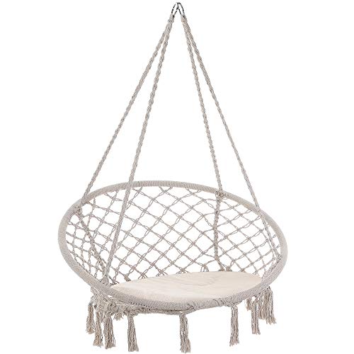 DETEX® Hängesessel 150kg Belastbarkeit Wetterfest Makramee Outdoor Indoor Hängeschaukel Hängestuhl Hängesitz Schaukel Nestschaukel Ø60cm Creme