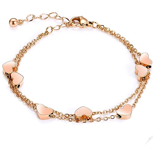 Crazy-m Rosegold Herzen Damen Fußkettchen Layered Armband mit Herz Anhängern Doppelt Kette Armband für Frauen Armkette Edelstahl Love Bracelet aus Titan