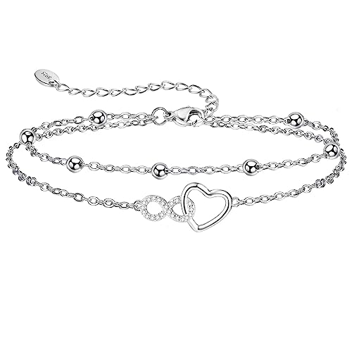 Jbniuay Fußkettchen für Damen 925 Sterling Silber - Infinity Herz Fußkette - Damen Fußkettchen - Fußkette damen Verstellbare 23+5cm - Geschenke für Frauen/damen/mama/mutter