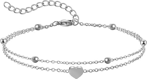 AFSTALR Fußkette Damen Fusskette Edelstahl Herz Layered Anhängern Silber Doppel-Fußkettchen Für Damen Edelstahl Verstellbare Fußschmuck Coin Fußkette Für Damen 丨Silber