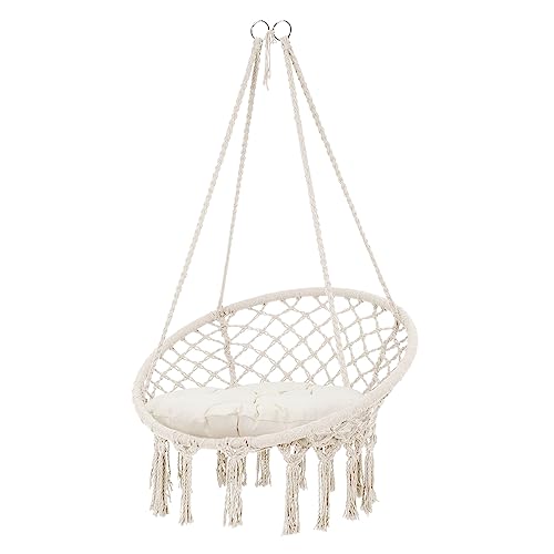 ECD Germany Hängesessel zum Aufhängen mit Sitzkissen, Beige, Boho Style, Makramee Design, Baumwolle, Ø 60cm, Belastbar bis 120kg, Geflochten Fransen Hängesitz Hängestuhl Hängeschaukel, Indoor/Outdoor